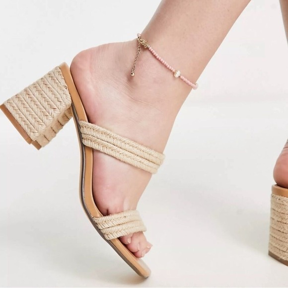 Woven Braided Double Strap Block Heel Sandals in Natural Beige Summer Mules - Picture 1 of 9